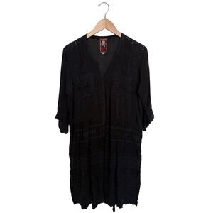 Johnny Was Embroidered Tunic Button Front Dress Size S Black Cupra Boho w/ Slip